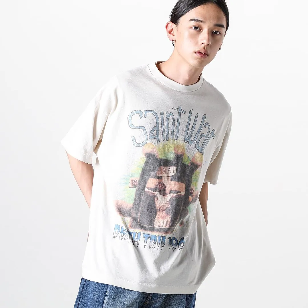 SAINT MICHAEL SAINT WAR TEE/WHAT new style Jesus cross retro short-sleeved, off-white S-XL, ready-to-wear, washed and distressed, printed repeatedly and modified, tube-woven seamless fabric, with little angel anti-counterfeiting label